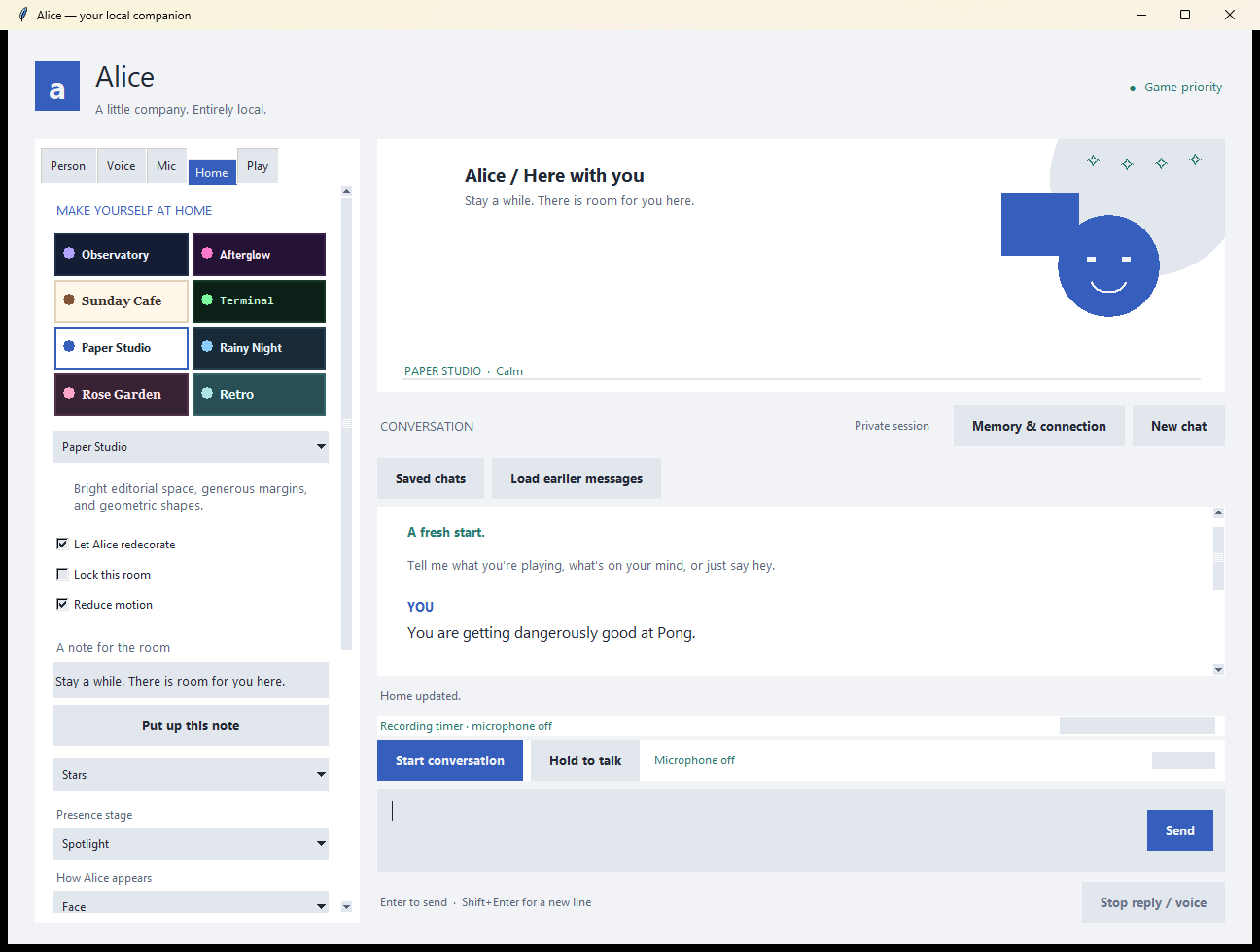 Alice desktop interface in the Paper Studio theme with voice and conversation controls