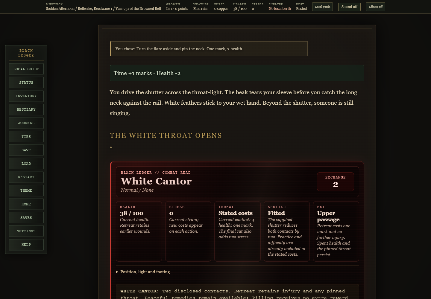 Development screenshot: the White Cantor tactical panel explains the current exchange.