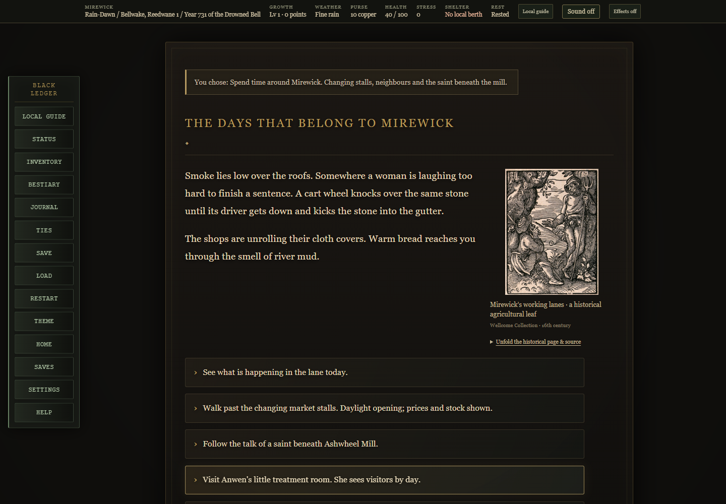 The Black Ledger illustrated village interface with story choices
