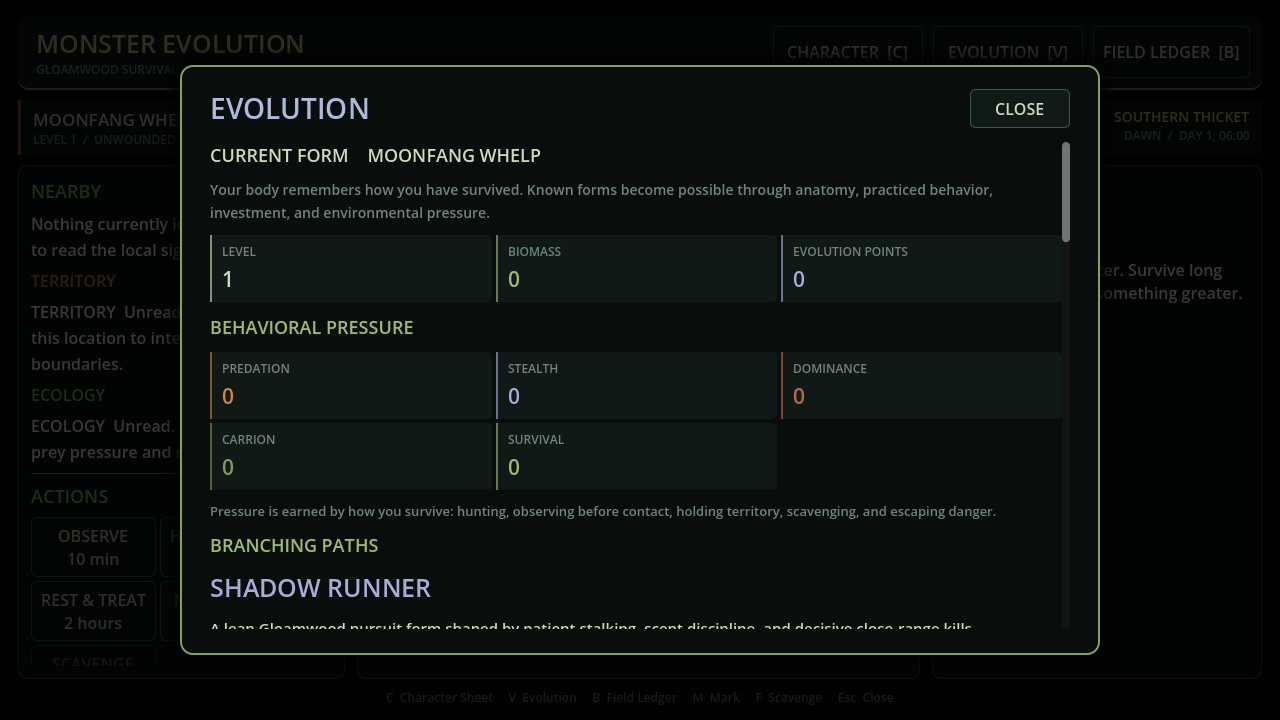 Development screenshot: branching evolution paths and their requirements.