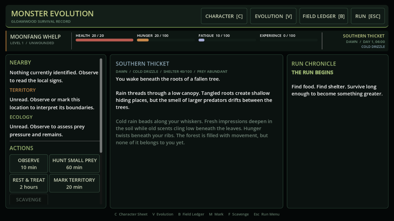Monster Evolution: the Southern Thicket survival interface