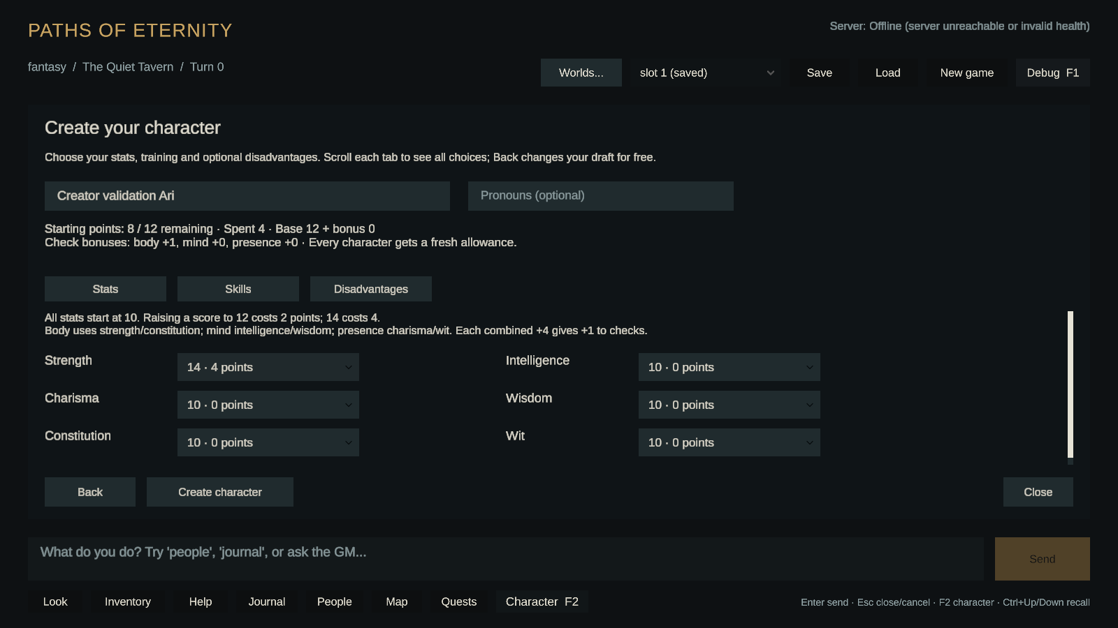 Paths of Eternity character creator with attributes and point allocation